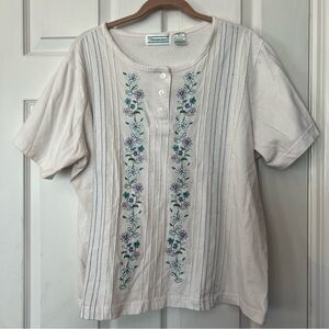 Shenanigans Floral Embroidered Shirt Top White Grandmacore Vtg Sz XL FLAW